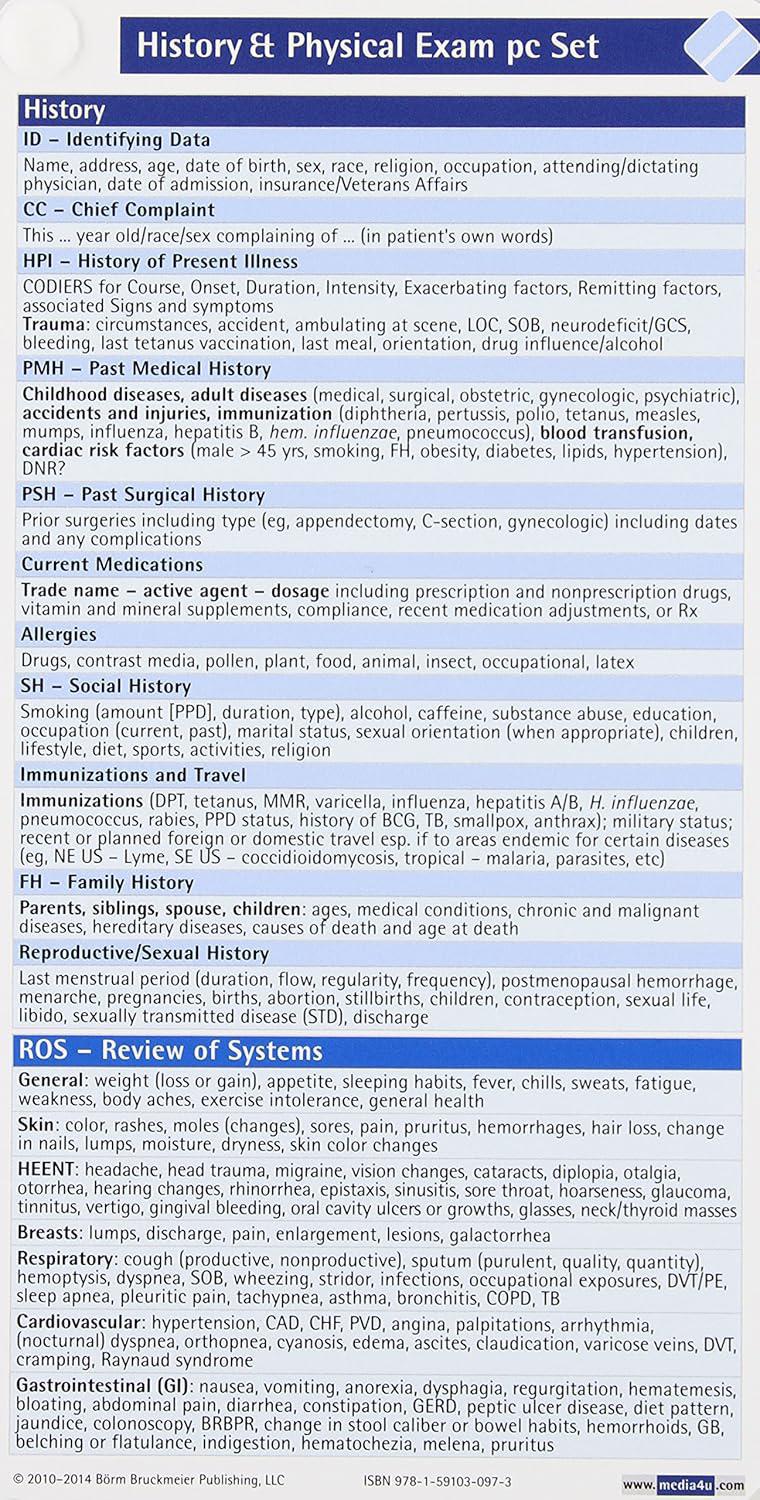 History & Physical Exam Pocketcard Set