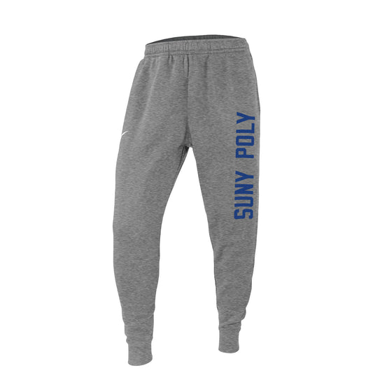 Dark Heather Gray Jogger with Nike Swoosh on right hip. SUNY POLY in blue bold down the left leg. 