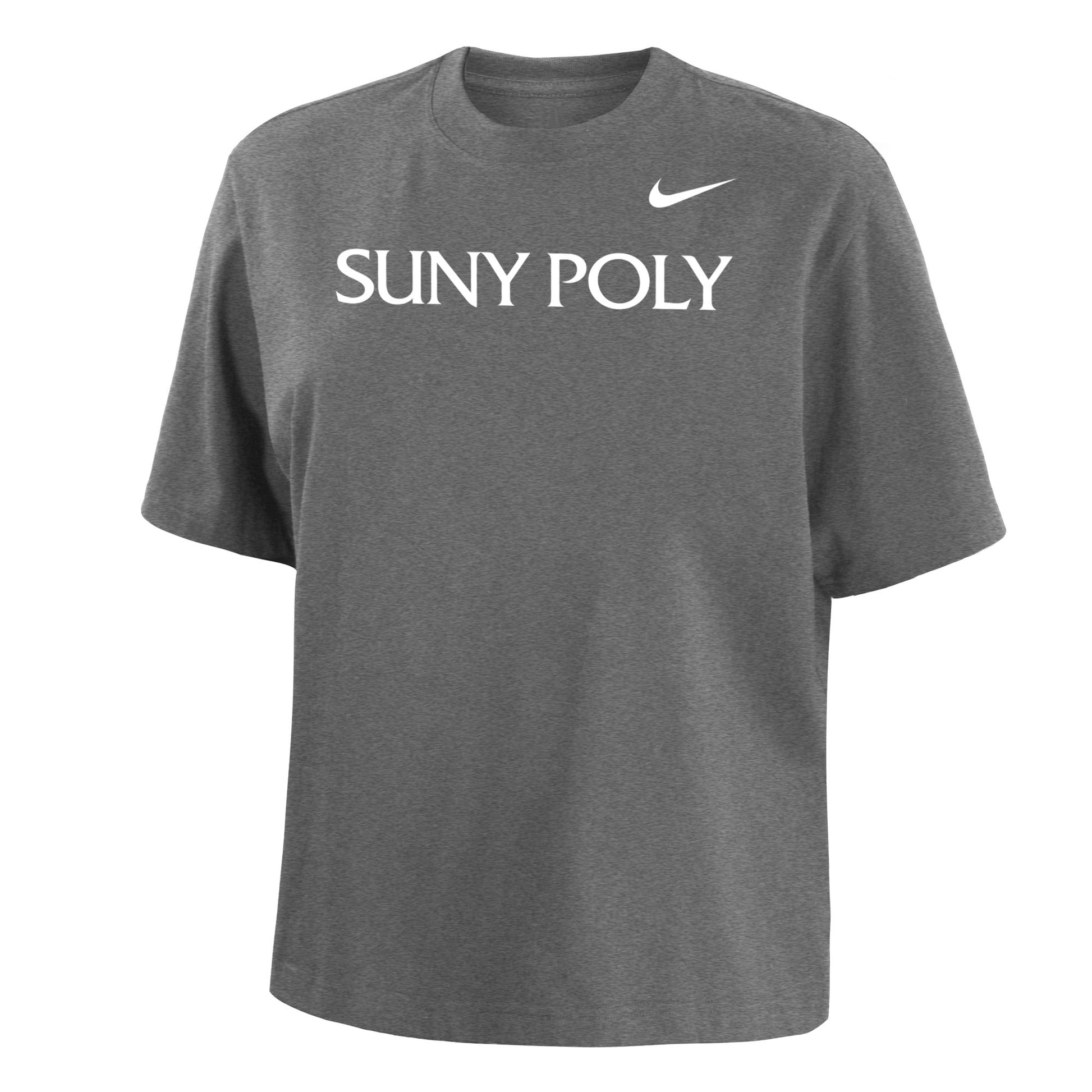 Gray short sleeve t-shirt with SUNY POLY in caps across chest. Nike swoosh on upper left chest.