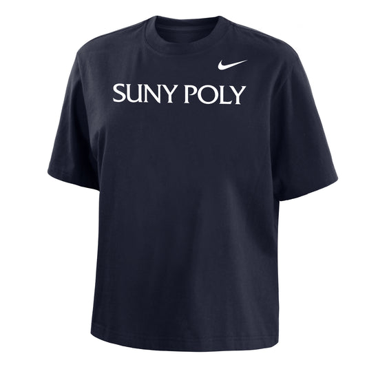 Navy short sleeve t-shirt with SUNY POLY in caps across chest. Nike swoosh on upper left chest.